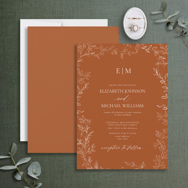 Elegante Minimal Leaf Burnt Orange Monogram Weddin Einladung (Von Creator hochgeladen)