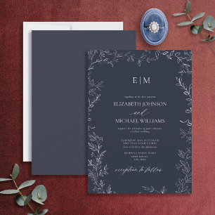 Elegante Minimal Leaf Navy Blue Monogram Wedding Einladung