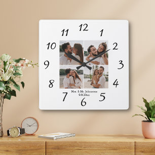 elegante minimal Mrs & Mr  4 Fotos Collage Hochzei Quadratische Wanduhr
