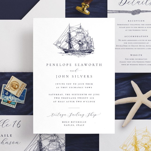 Elegante Minimal Nautical Ship Illustration Hochze Einladung (Elegant wedding invitation with illustration of a sailing ship)