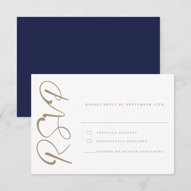 Elegante Minimal Navy Gold Wedding RSVP Card (Vorne/Hinten)