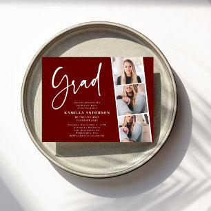 Elegante Minimal Script 3 Foto Abschluss Maroon Einladungspostkarte