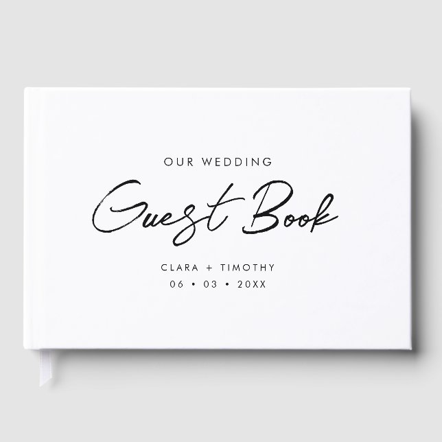 Elegante Minimal Script Schwarz und Weiß Hochzeit Gästebuch (Vorderseite)