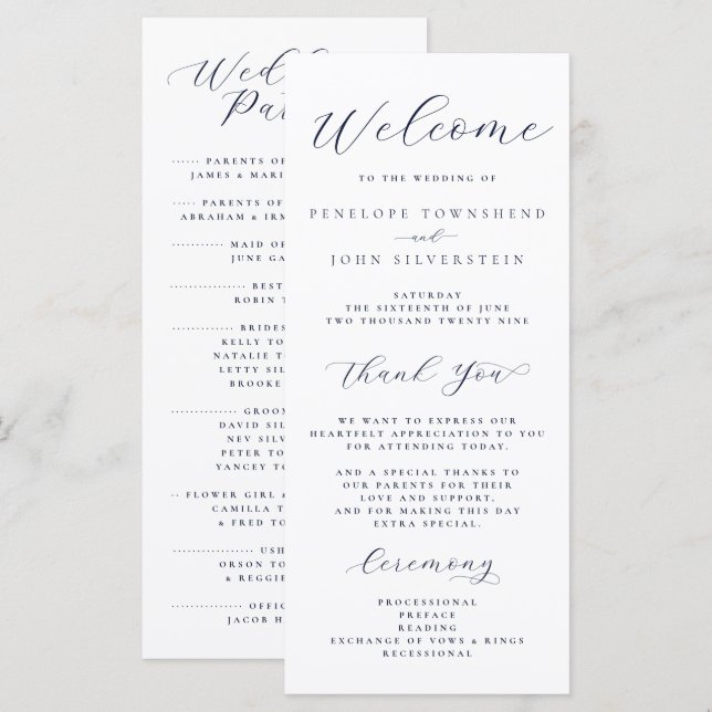 Elegante Minimal-Script-Typografie-Hochzeit Programm (Vorne/Hinten)