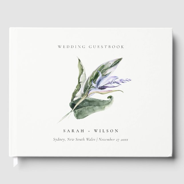 Elegante Minimal Tropical Blue Leafy Bläserne Hoch Gästebuch (Vorderseite)