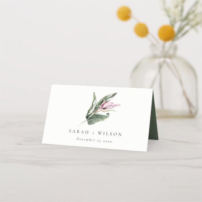Elegante Minimal Tropical Pink Leafy Blütenhochzei Platzkarte (Vorderseite)