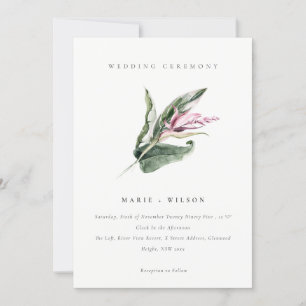 Elegante Minimal Tropische Blätter Rosa Blumenzehe Einladung