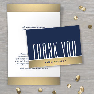 Elegante Minimal-Typografie Navyblau, Weiß & Gold Dankeskarte
