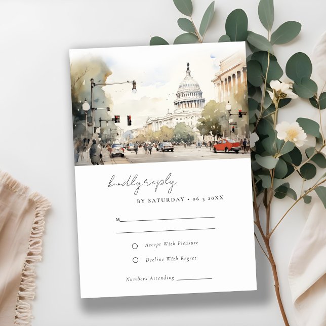 Elegante Minimal Washington DC Wassercolour Weddin RSVP Karte (Von Creator hochgeladen)
