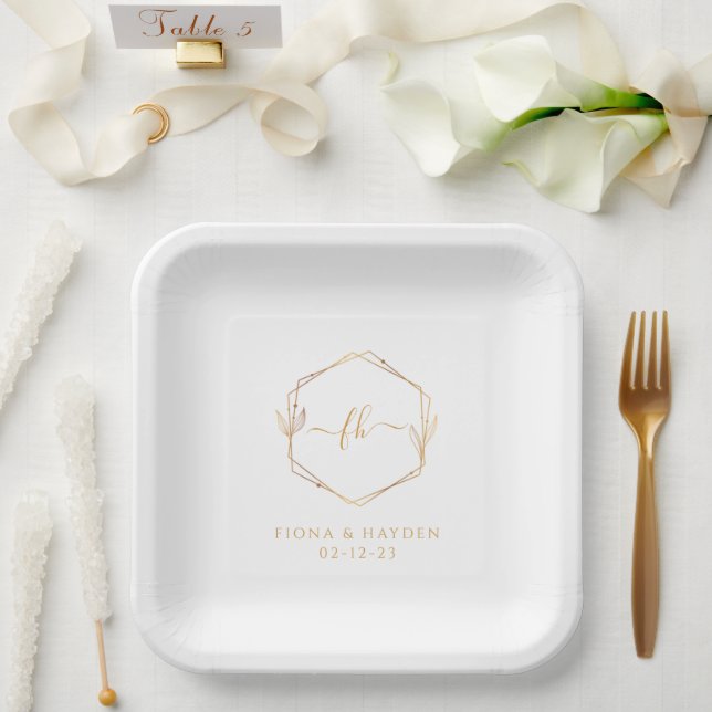 Elegante Minimal White Gold Mit Monogramm Hochzeit Pappteller (Hochzeit)
