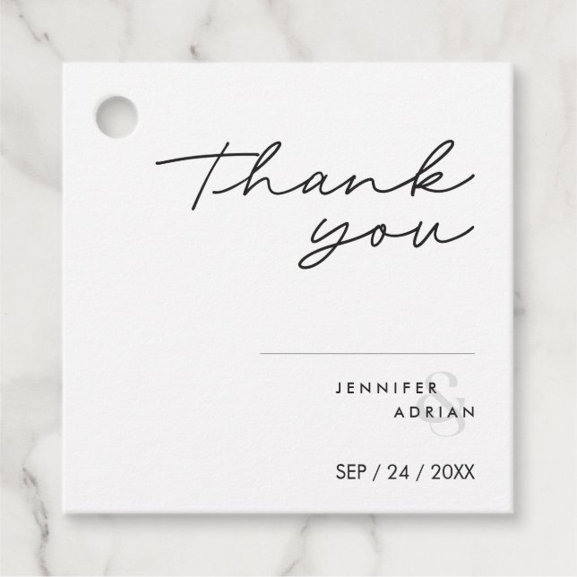 Elegante Minimal White Modern Gastgeschenk Hochzei Geschenkanhänger (Vorderseite)