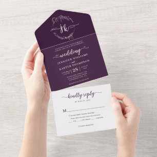 Elegante Minimalblumen-Veilchen-Monogramm-Hochzeit All In One Einladung