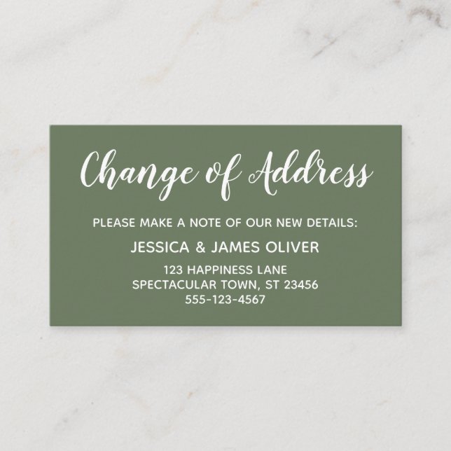 Elegante minimale Änderung der Adresse Olive Green Begleitkarte (Vorderseite)