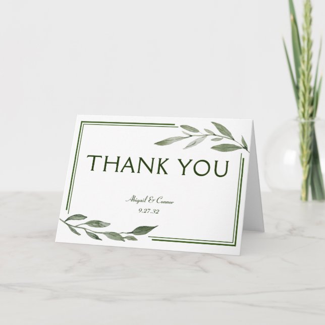 Elegante minimale Blätter rahmen den grünen Olive  Dankeskarte (Vorderseite)