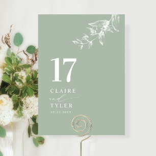 Elegante, minimale botanische hellgrüne Hochzeit Tischnummer