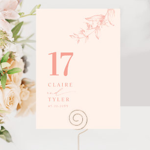 Elegante, Minimale Botanische Pfirsich-Hochzeit Tischnummer