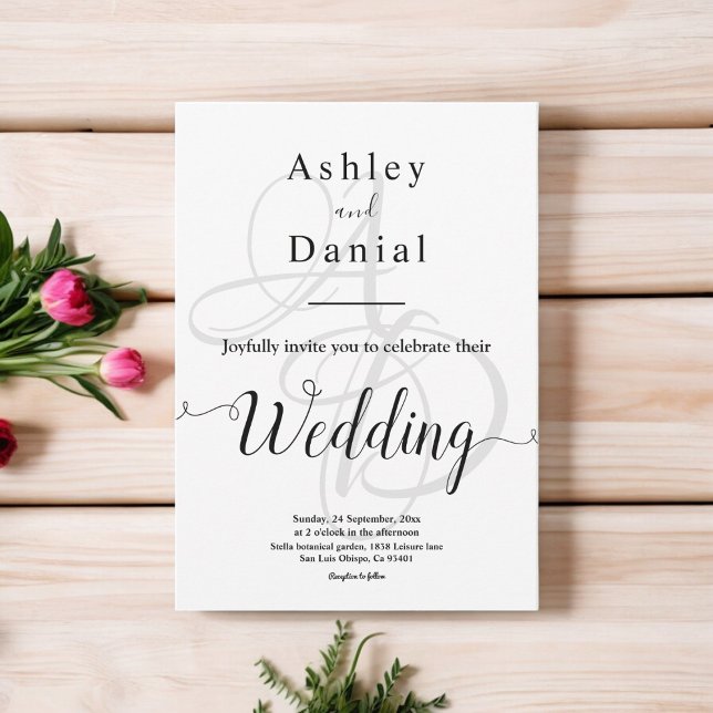 Elegante minimale Schwarz-Weiß-Monogramm-Hochzeit Einladung (Von Creator hochgeladen)