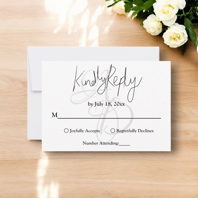 Elegante minimale Schwarz-Weiß-Monogramm-Hochzeit RSVP Karte (Von Creator hochgeladen)