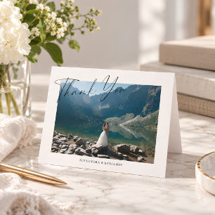 Elegante minimalist Schrift Hochzeitsfoto gefaltet Dankeskarte