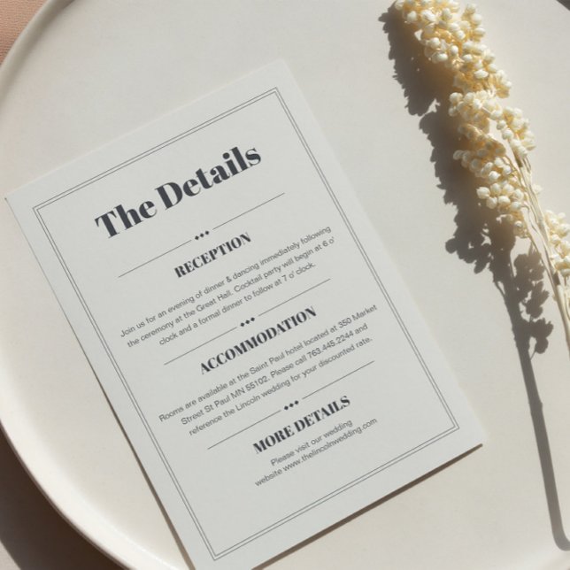 Elegante Minimalistisch-schicke Hochzeitsdetails Begleitkarte (Von Creator hochgeladen)