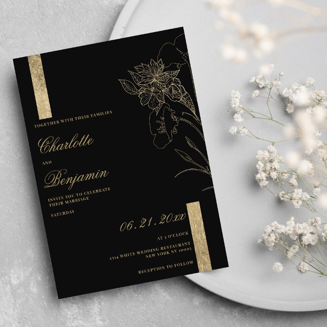 Elegante minimalistisch schicke, schwarze goldene  einladung (Elegant minimalist chic black gold floral wedding )