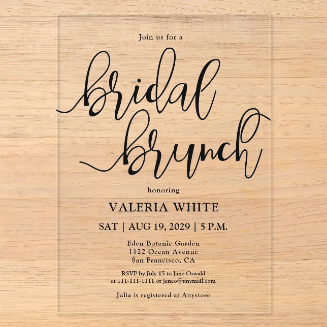 Elegante Minimalistisch Scripture Bridal Brunch Acryleinladungen (Vorderseite)