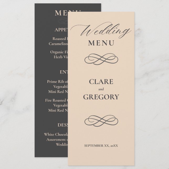 Elegante Minimalistische Almond Gray Wedding Menükarte (Vorne/Hinten)