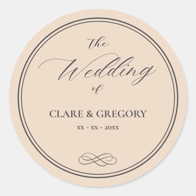 Elegante Minimalistische Almond Gray Wedding Runder Aufkleber (Vorderseite)