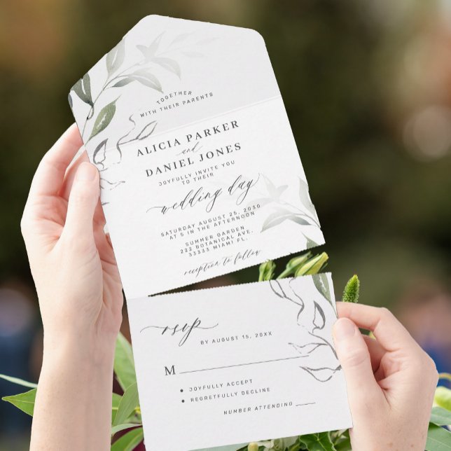 Elegante minimalistische Blätter UAWG Hochzeit All In One Einladung (Von Creator hochgeladen)