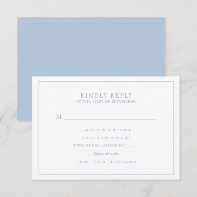 Elegante, Minimalistische, blaue Rahmen RSVP Karte (Vorne/Hinten)
