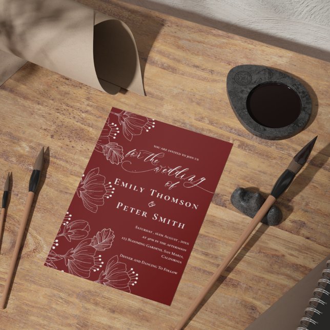 Elegante Minimalistische Blumen-Hochzeit Einladung (Elegant Red White Minimalist Line Floral Wedding Invitation)