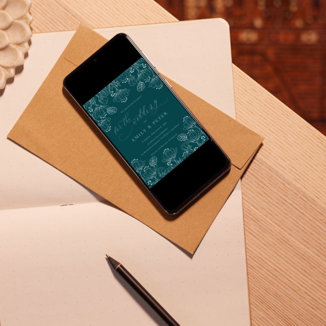 Elegante Minimalistische Blumen-Hochzeit Einladung (Elegant Green White Minimalist Line Floral Wedding Invitation)