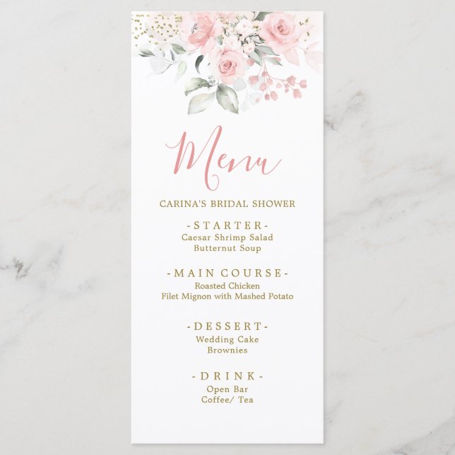 Elegante Minimalistische Blush Pink Bläsernen Baby Menükarte (Vorderseite)