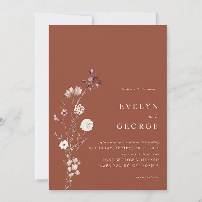 Elegante Minimalistische Boho Floral Wedding Einladung (Vorderseite)