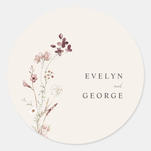 Elegante Minimalistische Boho Floral Wedding Runder Aufkleber (Vorderseite)