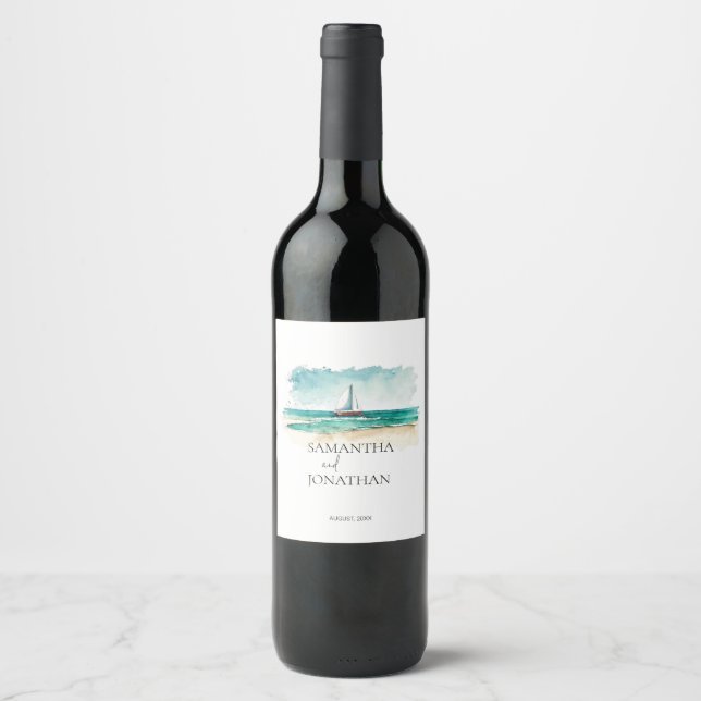 Elegante minimalistische Bootsfahrt Hochzeit Weinetikett (Vorderseite)