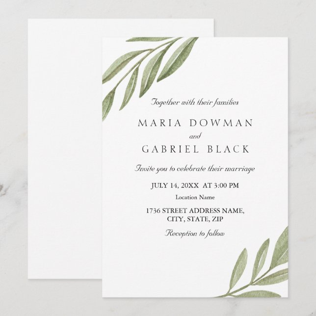 Elegante minimalistische Botanische Hochzeit Einladung (Vorne/Hinten)