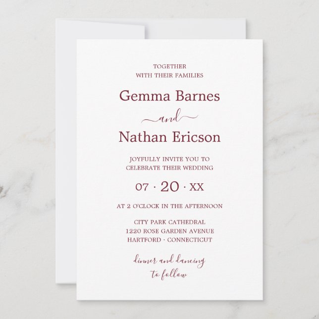 Elegante Minimalistische Burgundy Red Script Weddi Einladung (Vorderseite)