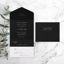 Elegante minimalistische dunkle Schwarz-Weiß-Hochz All In One Einladung