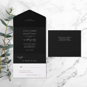 Elegante minimalistische dunkle Schwarz-Weiß-Hochz All In One Einladung
