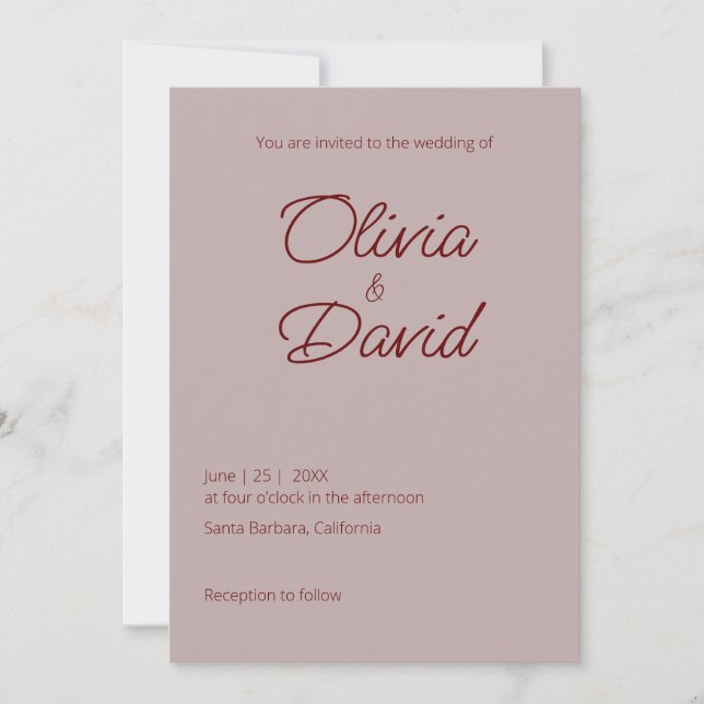Elegante minimalistische Dusty Rose Hochzeit Einladung (Vorderseite)