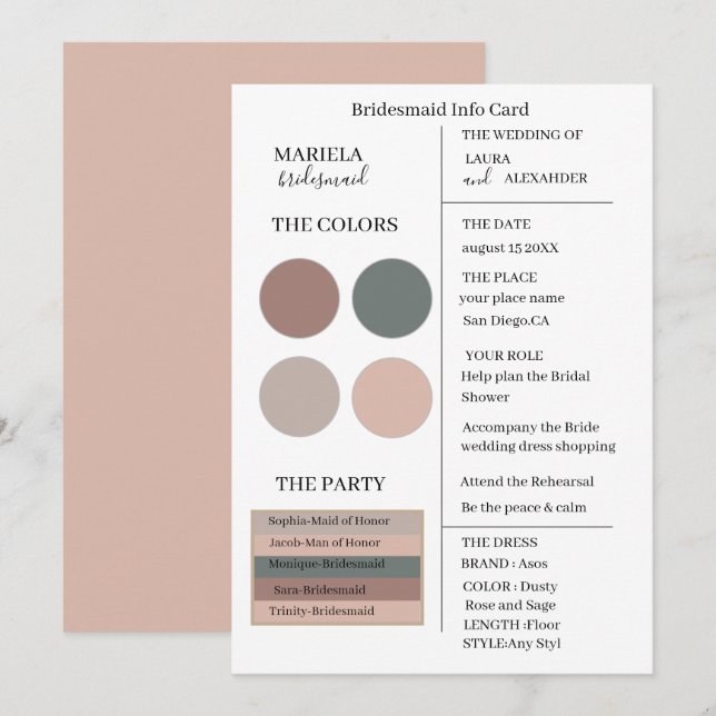 Elegante Minimalistische Dusty Rose und Sage Bride Einladung (Vorne/Hinten)