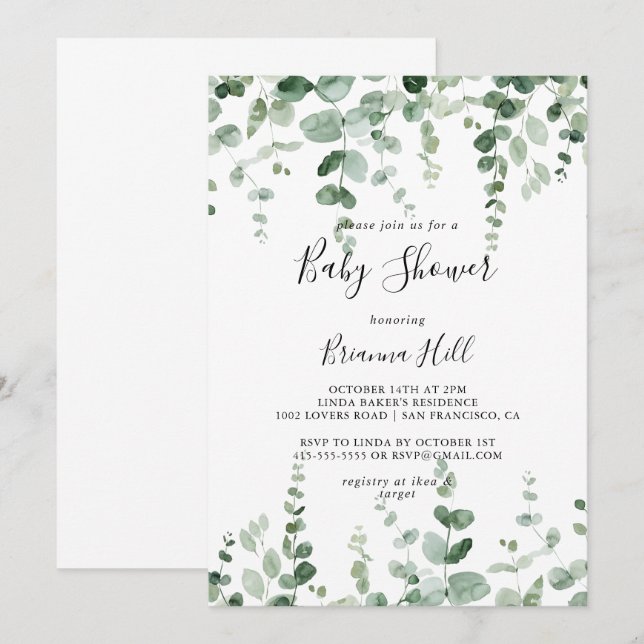 Elegante Minimalistische Eucalyptus Baby-Dusche Einladung (Vorne/Hinten)