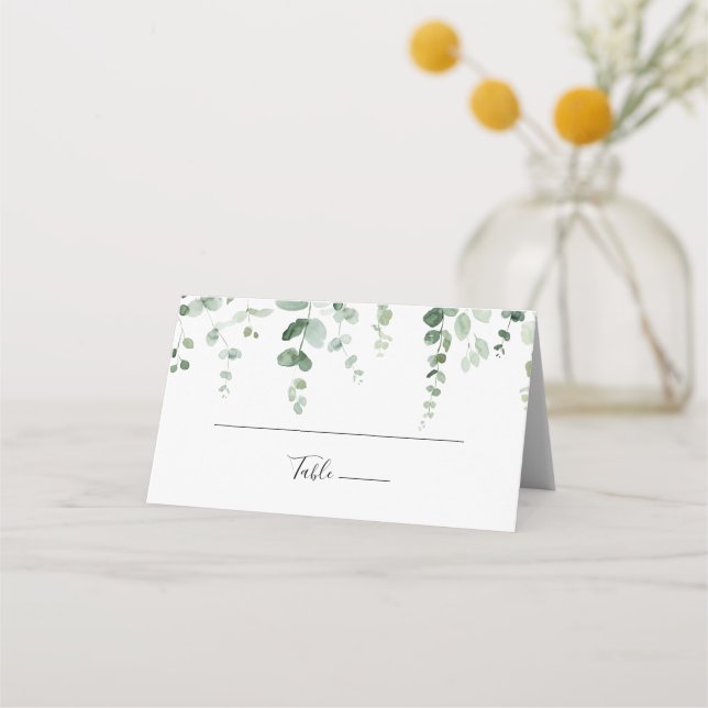Elegante Minimalistische Eukalyptus-Hochzeit Platzkarte (Vorderseite)