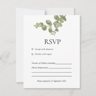 Elegante minimalistische Eukalyptus-Hochzeits-RSVP RSVP Karte
