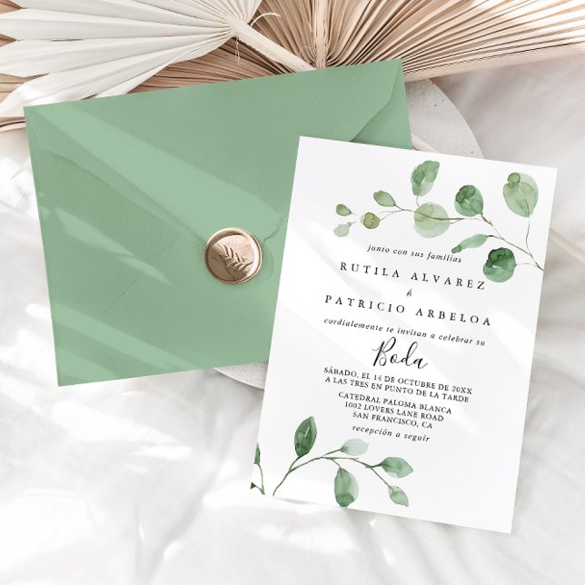 Elegante Minimalistische Eukalyptus Spanish Weddin Einladung (Von Creator hochgeladen)