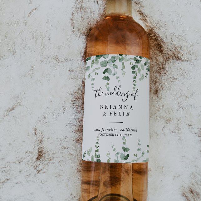 Elegante Minimalistische Eukalyptus Wedding Wine L Weinetikett (Von Creator hochgeladen)