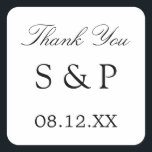 Elegante Minimalistische Gastgeschenk Hochzeit Vie Quadratischer Aufkleber<br><div class="desc">Elegante Minimalistische Gastgeschenk Hochzeit Vielen Dank Square Sticker,  bitte personalisieren Sie mit den Initialen des Paares und das Datum der Hochzeit,  mit der Online-Personalisierung Vorlage vor der Bestellung. Der Aufkleber weist eleganten Text in minimalistischem Design auf.</div>