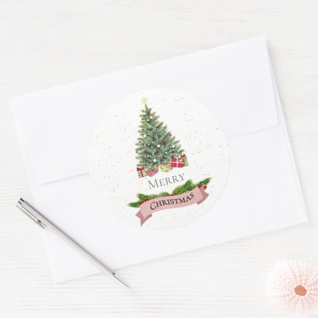 Elegante Minimalistische Gold Star Tree Frohe Weih Runder Aufkleber (Umschlag)