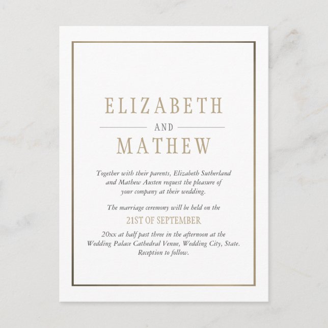 Elegante Minimalistische Goldhochzeit Einladungspostkarte (Vorderseite)